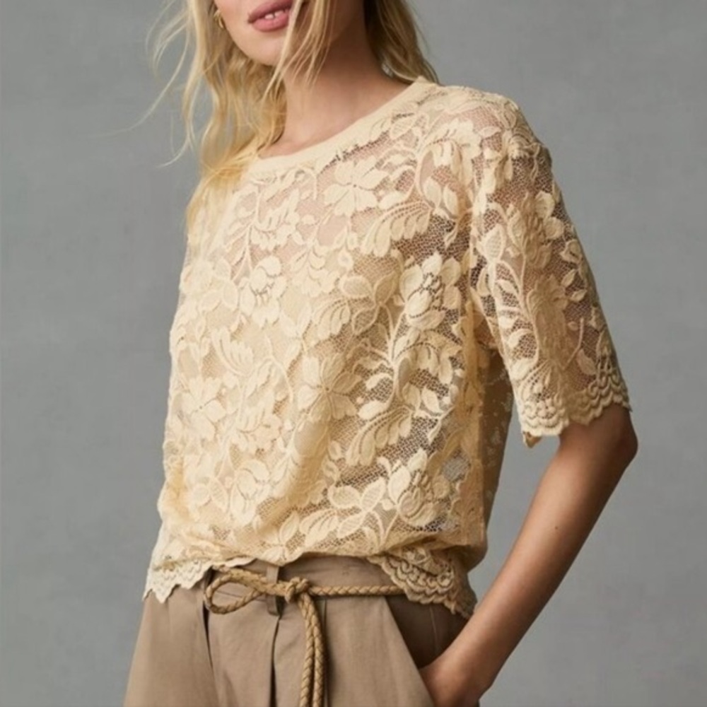 Anthropologie Dolan Left Coast Boxy Scalloped Lace Sheer Beige T-Shirt Sz M Cami